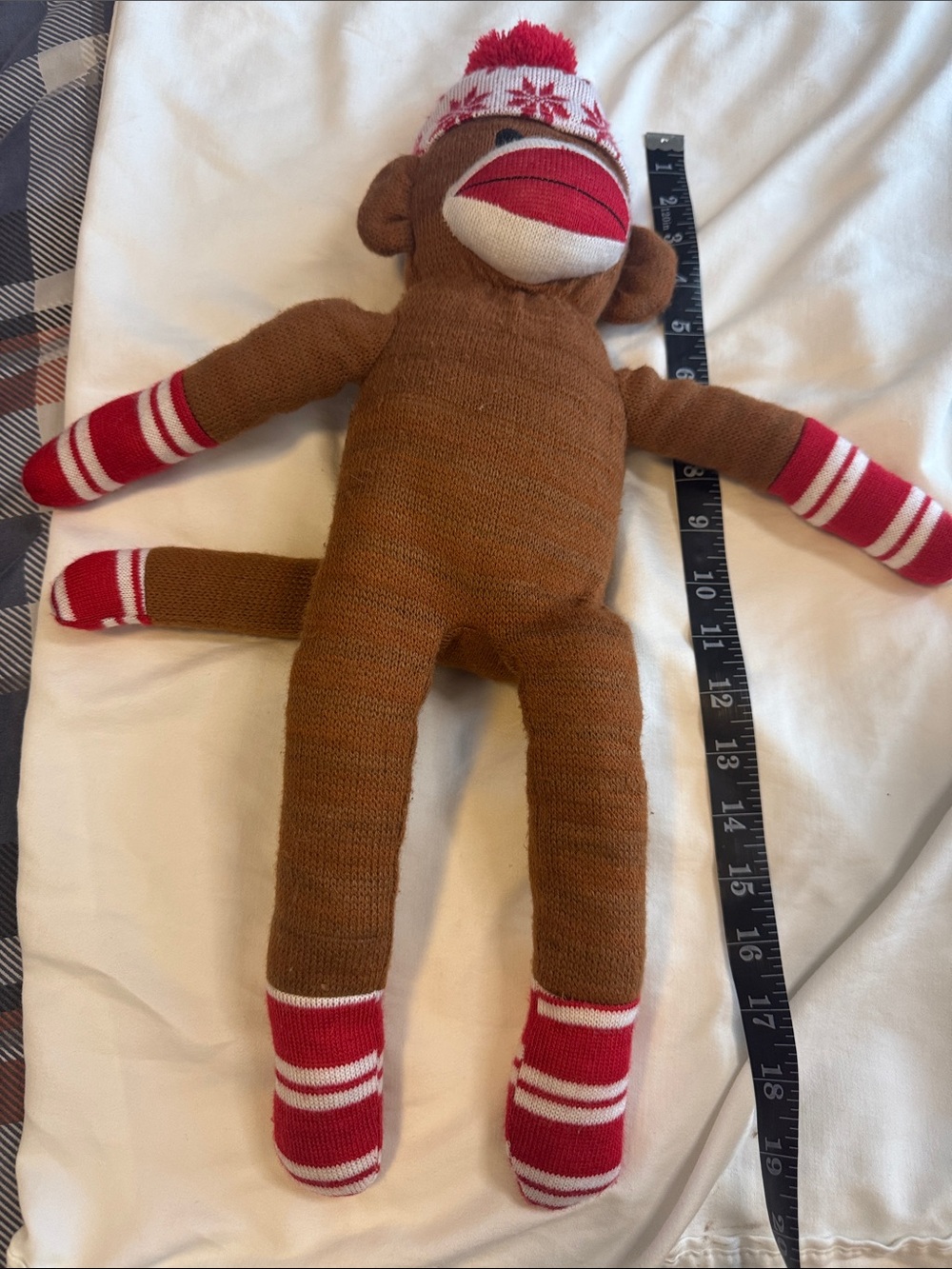 Plush Brown Sock Monkey with Red & White Hat and Accents - Kids Toy
